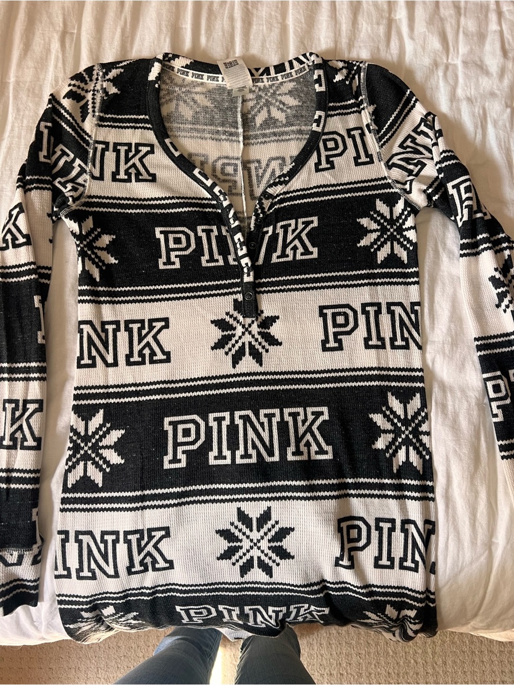 PINK Victoria's Secret Black & White Knit Henley onesie pajamas
